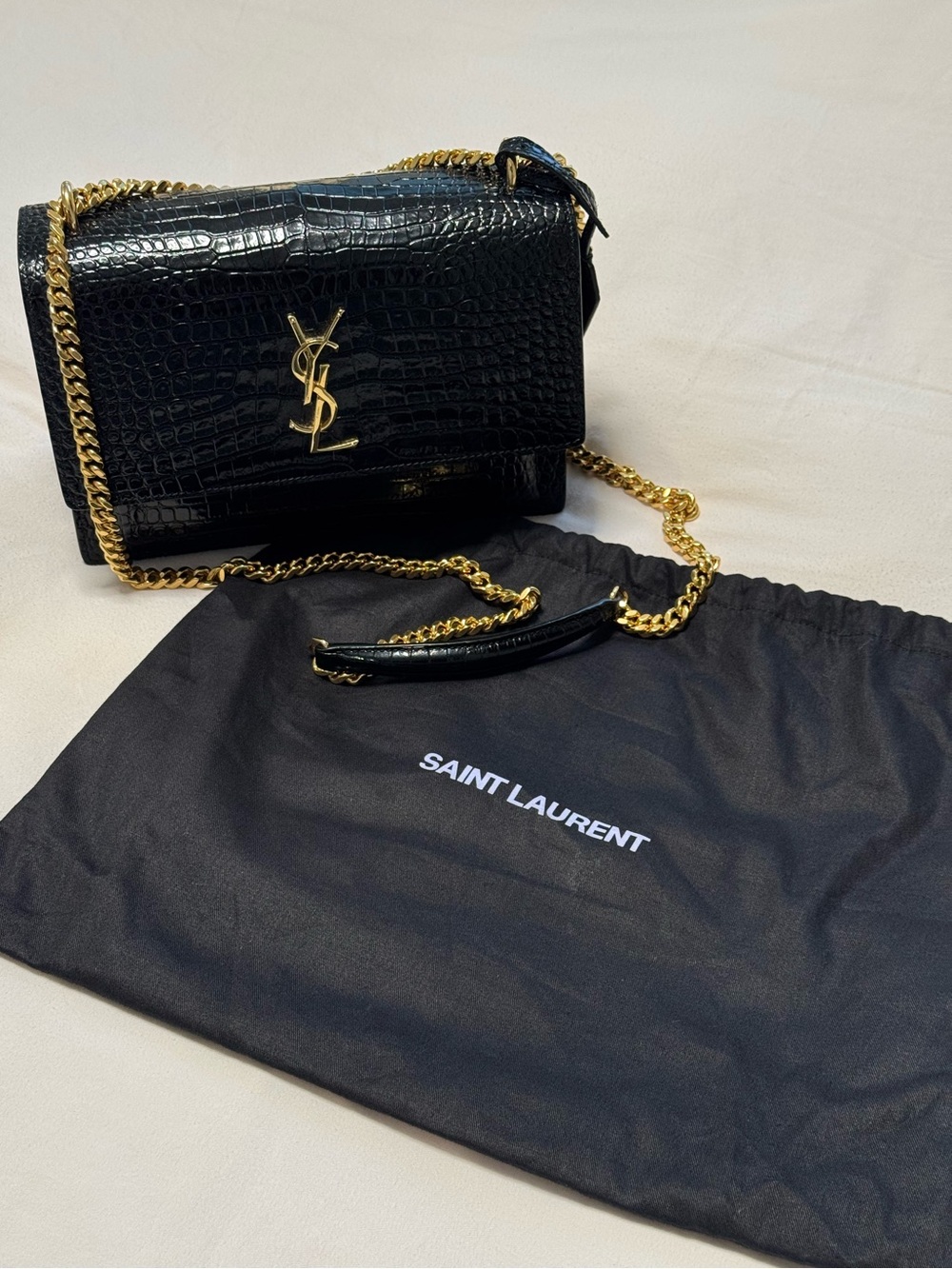 SAINT LAURENT YSL Medium Sunset Bag Croc-Embossed Leather Gold HDW